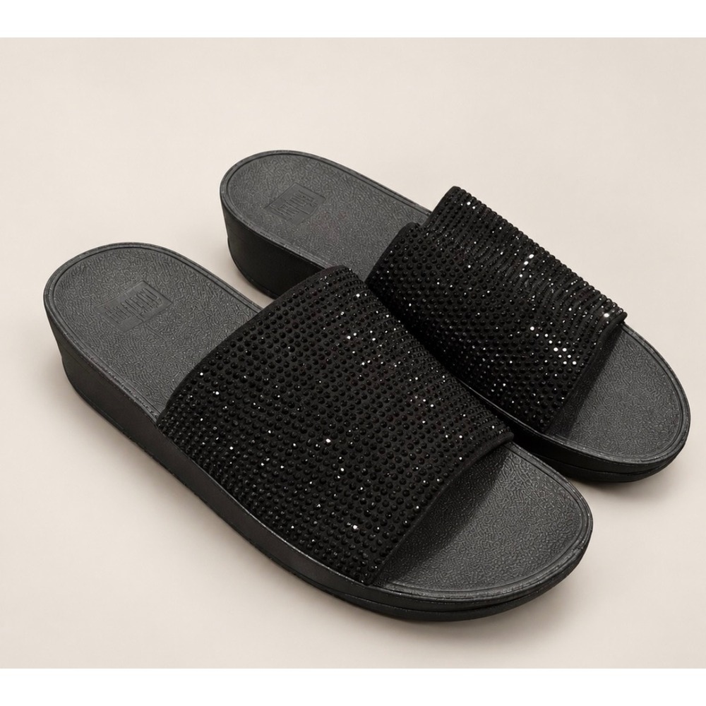 FitFlop Ginny Glitz Pool Slide Black Rhinestone Microwobbleboard Sandals N64-001